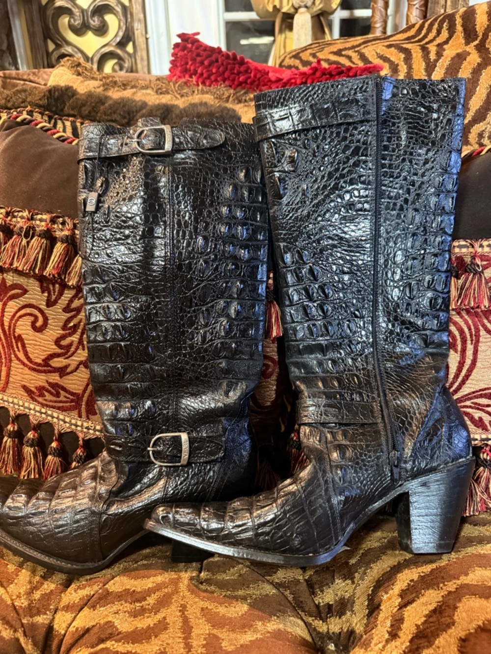 Croc-Embossed Black Mid-Calf Heeled Boots - Women's